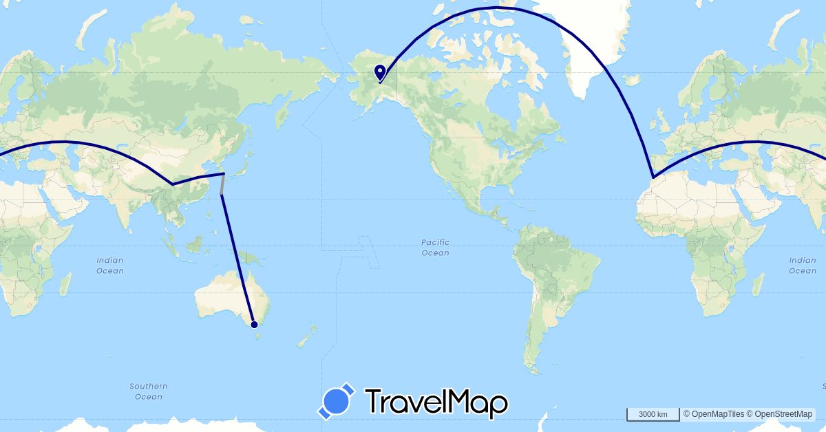 TravelMap itinerary: driving, plane in Australia, China, Japan, South Korea, Morocco, United States (Africa, Asia, North America, Oceania)